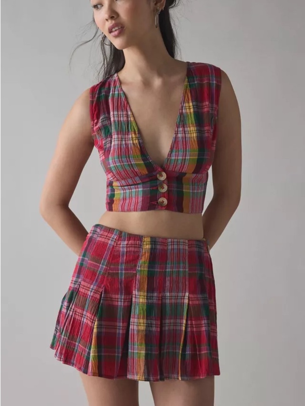 Red Plaid Cotton Vest & Skort - Women's Casual Button Detail